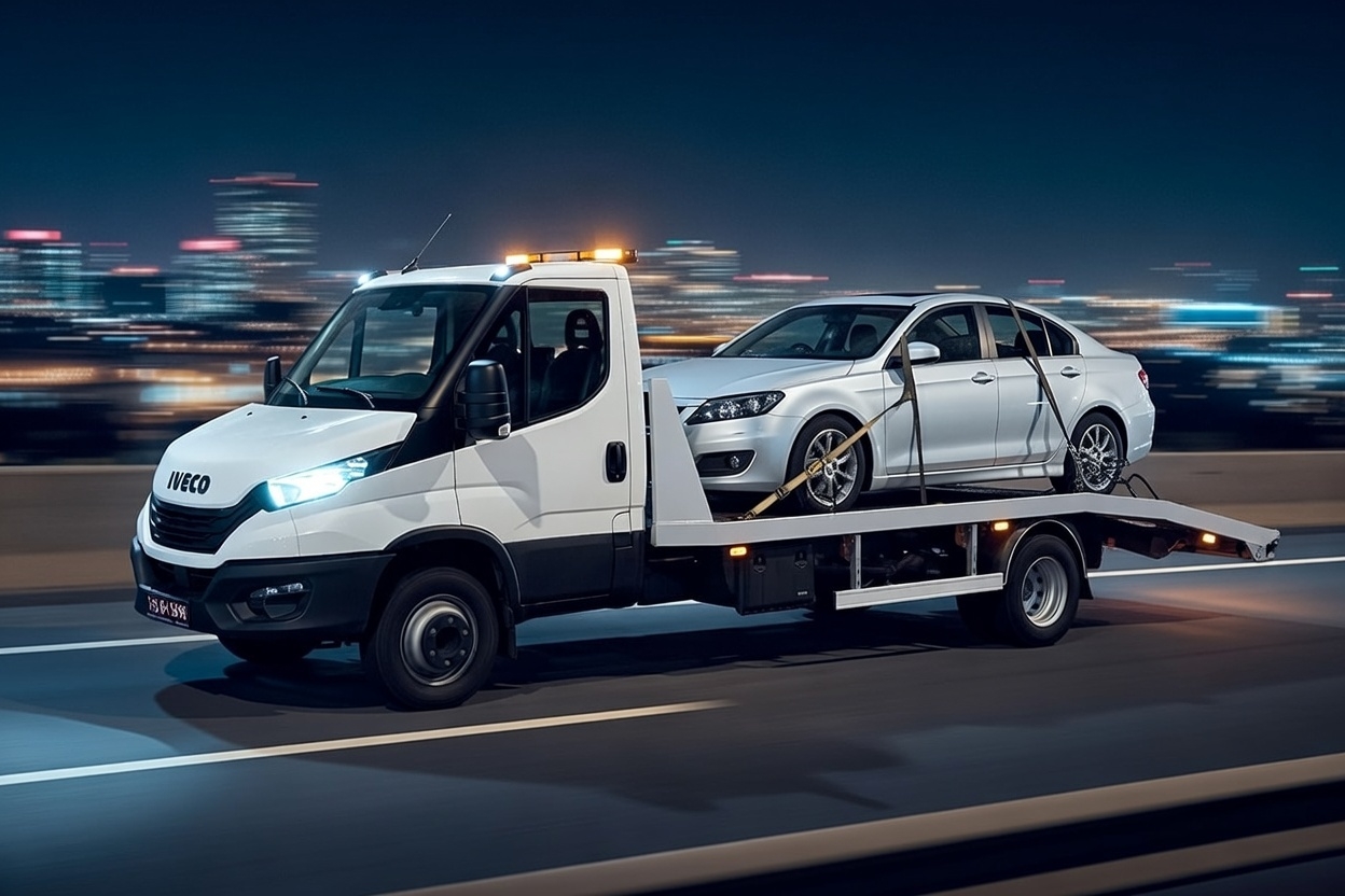 Эвакуатор с гидравлической платформой погружает автомобиль в Днепре